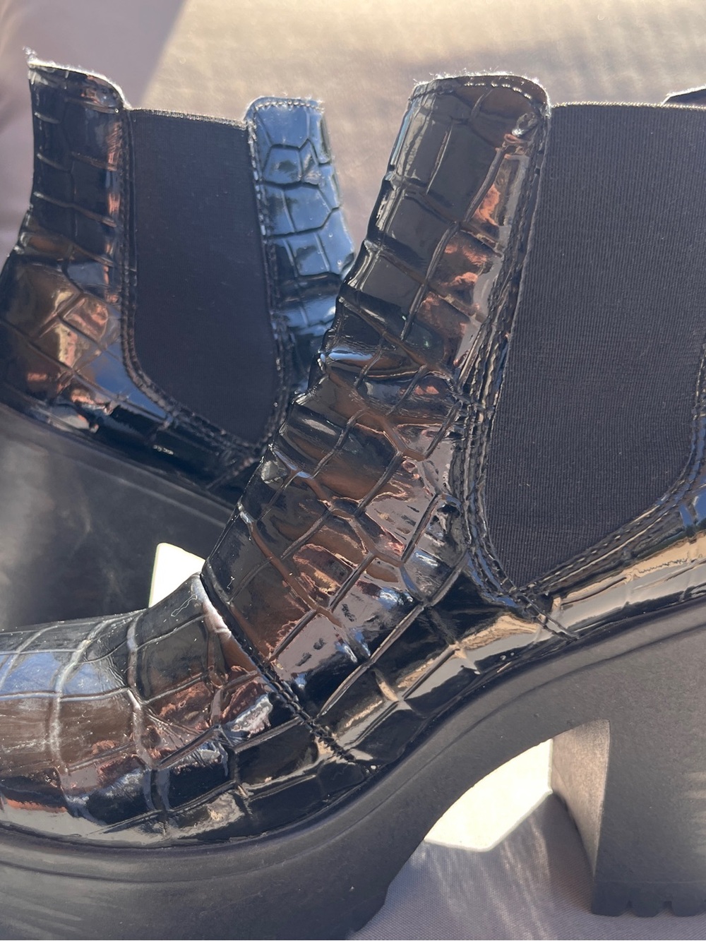 Topshop Black Patent Croc Platform Chelsea Boots EU 38 Made in Italy